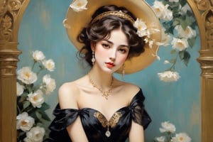 A great portrait in oil paint of a beautiful parisien society lady inspired by the artistic prowess of, John Singer Sargent, Alphonse Mucha, Klimt, Vincent Van Gogh.