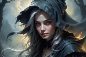 In the dimly lit scene, a pretty witch emerges from the depths of a hood, her face partially obscured by shadows. This evocative painting captures the witch's weathered features, hinting at a lifetime of knowledge and arcane power. Wisps of silver-grey hair cascade from beneath her hood, framing a face lined with wisdom and experience. The carefully crafted brushstrokes convey a sense of mystery and mystique, emphasizing the witch's enigmatic presence. This high-quality painting juxtaposes darkness with ethereal beauty, transporting viewers into a realm of ancient magic and unknown tales.
