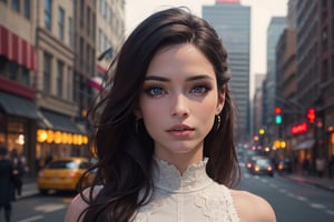 (best quality, masterpiece:1.2), (photorealistic:1.2),(cinematic composition:1.3), ultra high res, cinematic lighting, ambient lighting, sidelighting, Exquisite details and textures, 1 pretty girl, solo, walking alone the street, side view, perfect detailed beautiful face, Accent Lighting, long brown hair, hair pulled back, looking at viewer, (from below:0.9), slim body, walking, detailed face, perfect face, perfect eyes, white long dresses, high heel, street, city view, outdoors, 24mm, detailed background, depth of field,perfecteyes eyes,depth of field,Extremely Realistic,photo of perfecteyes eyes