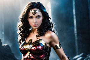 Full body portrait of Wonder Woman, perfect detail eyes, cinematic, dynamic pose, sci-fi background