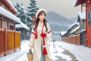 a pretty girl is walking sideway beside the road outside the house, snowing, wind blow, looking cozy, perfect eyes, perfect face, brown long hair, long leg, warm hat, nice white outfit, whole body look, season greeting wide background, 24mm, in Studio Ghibli Style 3D, Studio FF7 Style,dr24lina,aesthetic portrait,Wonder of Beauty,Slender body,koh_yunjung,Flat vector art,p3rfect boobs,b3rli,MikieHara,Vector illustration,Makeup,colorful,color art,color chaos,aotac