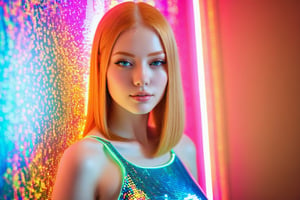 Full body portrait of a 20 years old girl, strawberry blonde bob straight long hair to waite, fit, perfect face, perfect eyes, reflections on the wall background, abstraction atmosphere, (prismatic, holographic:1.2), sparkles, neon pixels, (neon light:1.1)