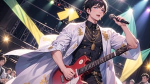 ((masterpiece)), ((best quality)), an artwork of a male singer performing at a concert,  dressed in a white spectacular punk attire, black hair, holding a microphone and waving, looking at viewer, (glow:1.2),(glow reflection hair:1.5),(Sparkling lighting:1.2), depth of field,wrenchfaeflare,nijimale,glowing, embroidery