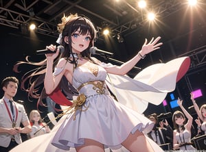 ((masterpiece)),((best quality)),an artwork of a female singer performing at a graduation, dressed in a white spectacular punk attire, holding a microphone and waving,looking at viewer,depth of field
