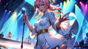 ((masterpiece)), ((best quality)), an artwork of a female singer performing at a concert, dressed in a white spectacular performance attire, holding a microphone and waving, Long hair, looking at viewer, (glow:1.2),(glow reflection hair:1.5),(Sparkling lighting:1.2), depth of field