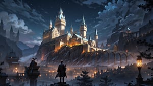 score_9, score_8_up, score_7_up, high quality digital artwork of a black head man Slytherin student sitting on top of a tree branch looking at a far away Hogwarts Castle, (male focus, back view, cowboy shot),  (Hogwarts Castle from Harry Potter's movie), high elven castle of white stone with towers and spires, 4k, masterpiece, mystic, mysterious, enchanting, ethereal, dark colorful, dark foggy atmosphere, best quality,extremely intricate, realistic, lamps, Night time, (detailed), Magical Fantasy style,detailmaster2, Dungeon and Dragons, Cinematic photo, 35mm photograph, film, bokeh, professional, 8k, highly detailed, Night scene, late night, dark night, romantic mood, highly detailed, lots of little things, books, 