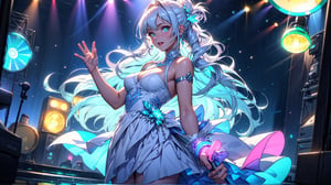 ((masterpiece)), ((best quality)), an artwork of a female singer performing at a concert, dressed in a white spectacular performance attire, holding a microphone and waving, Long hair, looking at viewer, (glow:1.2),(glow reflection hair:1.5),(Sparkling lighting:1.2), depth of field