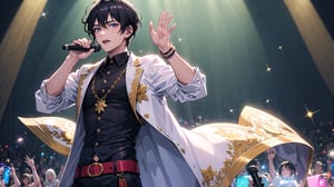((masterpiece)), ((best quality)), an artwork of a male singer performing at a concert,  dressed in a everyday clothes, black hair, holding a microphone and waving, looking at viewer, (glow:1.2),(glow reflection hair:1.5),(Sparkling lighting:1.2), depth of field,wrenchfaeflare,nijimale,glowing, embroidery
