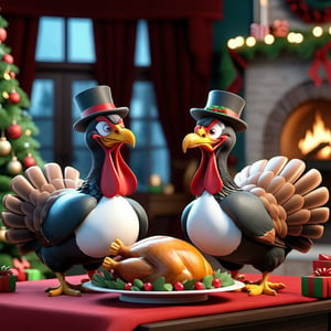 3D cinematographic film. (cartoon: 0.2). 4k, very detailed, 2 turkeys eating roast turkey at Christmas, with high hat, festive living room with Christmas tree in the background,Leonardo Style