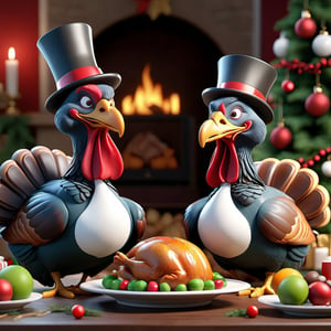 3D cinematographic film. (cartoon: 0.2). 4k, highly detailed, 2 turkeys eating Christmas roast turkey, wearing high hat, festive living room,Leonardo Style