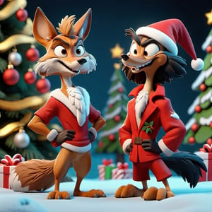 3D cinematographic film. (cartoon: 0.2). 4k, very detailed, Coyote and Road Runner, standing in front of a Christmas tree, dressed in Christmas clothes,Warner Bros Style