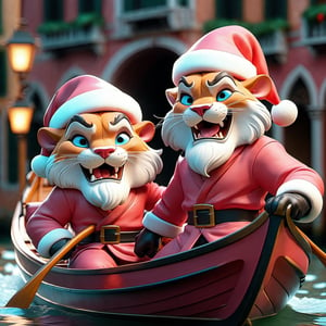 3D cinematographic film. (cartoon: 0.2). 4k, very detailed, Two Pink Panthers laughing on a gondola in Venice at Christmas dressed as Santa Claus, Leonardo style