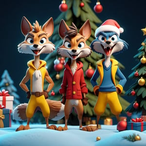 3D cinematographic film. (cartoon: 0.2). 4k, very detailed, Coyote and Road Runner (blue and yellow), standing in front of a Christmas tree, dressed in Christmas clothes,Warner Bros Style