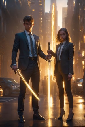 masterpiece, best quality, photorealistic, raw photo,
A 18-year-old handsome boy and a beautiful girl, wearing suit , surrounded by golden light, stood in the urban streets of the United States, holding a glowing sword in their hands, and there was an evil monster face to him .
 