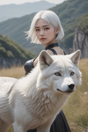 masterpiece, best quality, photorealistic, raw photo,
A beautiful girl with short white hair 新娘禮服 standing on the 遼闊的草原, 撫摸 a silver-white wolf . The sky was clear and sunny, and the grass was full of flowers of various colors.
