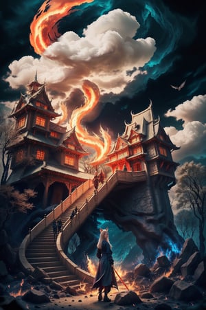 best quality, photorealistic, raw photo, A white-haired girl with fox ears, wearing a princess costume, holding a flaming sword in her hand, stood on the top of the hill, looking at the Final Demon King's Castle in the distance.