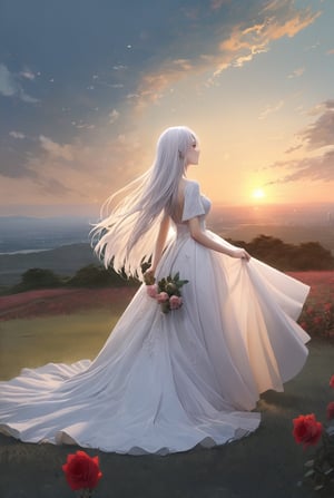 masterpiece, best quality, photorealistic, raw photo,
A beautiful girl with long white hair and wedding dress, standing on the 遼闊的草原, The sky was clear and sunset, and the grass was full of Rose.
