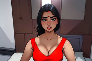 1girl, solo, breasts, looking at viewer, black hair, cleavage, bare shoulders, red bra,Indian actress,sexy,Sexy Toon,toon