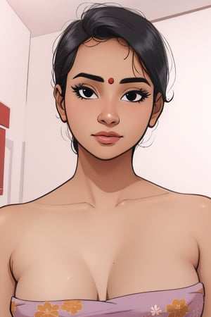 1girl, solo, solo, looking at viewer, black hair, closed mouth, upper body, indoors, black eyes, realistic, what, toon,22yo mallu girl 