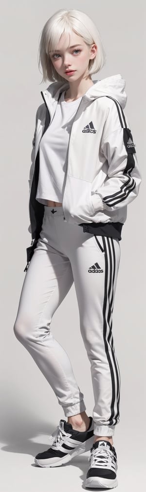 
1 girl looks at the viewer, 16 years old, white hair, short haircut long white bangs, 
white Adidas windbreaker with a hood, wearing white t-shirt, white Asics FUJITRAIL JACKETJacket, white pants and sneakers, cute blond boy, monochrome, gray background, ellefanning-smf
,hands,Realism