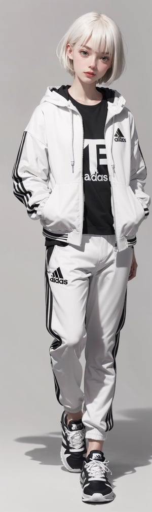 
1 girl looks at the viewer, 16 years old, white hair, short haircut long white bangs, 
white Adidas windbreaker with a hood, wearing white t-shirt, white Asics FUJITRAIL JACKETJacket, white pants and sneakers, cute blond boy, monochrome, gray background, ellefanning-smf
,hands,Realism