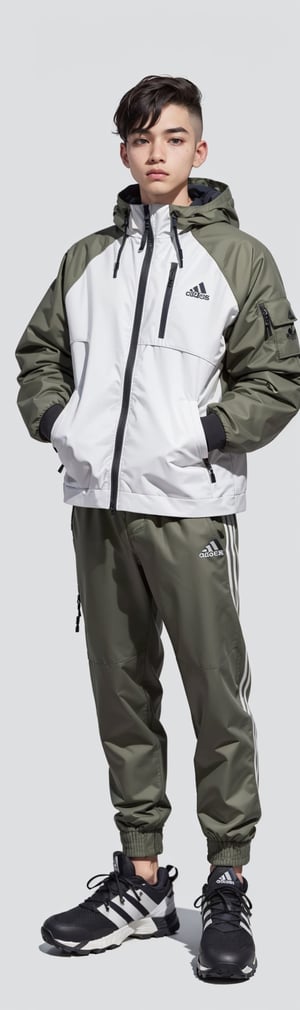 
1 male, 17 years old, black hair, khaki softshell jacket, , emmo culture, full body, , adidas terrex hiking shoes, white solid background, gray colors, real hands,