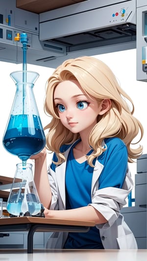A drawing in western animation style with flat colors and hard lines on a white background. A young tall scientist with short wavy blond hair and blue eyes is wearing a blue shirt and a lab coat. The scientist sitting on the left of the image with a lab bench in the foreground, and there is lots of science equipment on the bench.