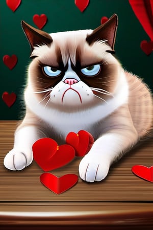 a digital painting of grumpy cat sitting on a table with red paper hearts; style has lots of detail and texture