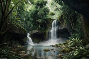 waterfall in jungle detailed, lushful jungle, cave, cinematic frame, fine details, cinematic lighting, photorealistic, ((masterpiece)),  (((best quality))),  ((ultra-detailed)),  ((illustration)),Masterpiece