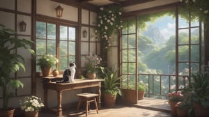 (((1cat))) in an veranda interior with trees and plants on it and flowers on the walls, ((outdoor:1.4)), tumblr, Artstation, doku-doku-kinoko, magical realism, Fairy tale, Line, magic realism, pixiv, Flower, cg society , Anime, Beatrix Potter, totorina, Subterranean, Still life, Magical girl, Animal tale, Adventure fantasy, still life, rayonism, aestheticism, Landscape, neo-romanticism, capy-shuupan, Georgette Chen, Chang Ucchin, Hidari, Jeanne-Claude, computer graphics, cgsociety, shinei-neko-hakase, uri-tan, no_human, no_humans, illustration,vector art,tshee00d,vector style,Masterpiece