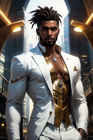 Create a real close up portrait from the characters shoulder and up image of a futuristic, Nigerian male character With dark deep Black_color_skin. The character wears a sleek, form-fitting white color Tactical suit that highlights his muscular physique, paired with White-and-Gold tactical outfitted pieces on his chest, and arms. He has a well manicured beard with vibrant yellow glowing eyes made up of solar energy giving him a regal appearance. The character has black color dreadlocks cascading from above, the sides of his head. He is equipped with golden accessories, including a neckpiece.The background shows a cityscape at night time with tall buildings illuminated by lights, enhancing the futuristic and urban atmosphere.