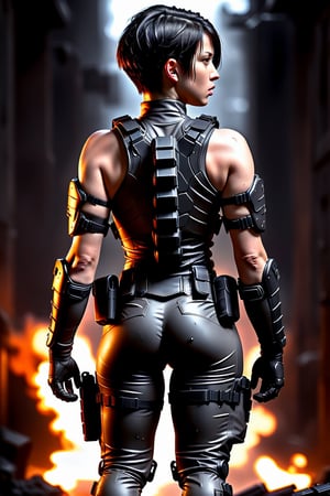 Black color Tank Top (back view), Black color tactical gauntlets on both forearms,, tactical clothing (Back view), Black Camo pants (back view), Black short hair (back of her head), sexy tactical outfit, voluptuous body, toned back, toned thighs, wet body, Battlefield background scene, dramatic lighting, 4k resolution image, cinematic scene image, realistic image, large booty