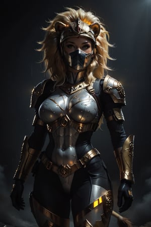 Create an image with a close up Dynamic view and pose of a futuristic, armored female character With olive color skin with a serious facial expression while standing confidently. She wears a sleek, form-fitting white color suit that highlights their hourglass physique, paired with White-and-Gold Marble armor pieces on the chest, and arms; there is a yellow glow surrounding her body that resembles Solar energy. She wears a distinctive gold helmet resembling the face of a lion’s head, enhancing the feline theme, The lion helmet and golden accents suggest a theme of strength and nobility, with her long blonde flowy hair cascading from the top of the mask,  giving a high-tech, almost regal appearance. There is a yellow outline around her figure, which adds a striking, almost comic-hero aura. She is wearing white modern tactical pants with a white color cap-like shirt cascading behind her waist. She has extremely long blonde flowy hair cascading from above, the sides and under the helmet, adding a unique and striking visual element. Her outfit is equipped with golden accessories, including a neckpiece. The background shows a dusty cityscape in the bright day light with tall buildings illuminated by lights, enhancing the futuristic and urban atmosphere. This kind of design is typically seen in comics, animated series, or games, where characters are given unique and symbolic outfits to reflect their abilities and persona.,score_9