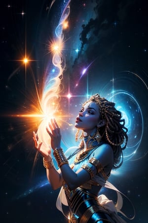 Generate a close up view depiction of an African divine goddess with black skin and of pure blue celestial energy galactic body embodying the essence of the cosmos. This being should transcend nebulous form, resembling a celestial entity of blue light energy rather than a traditional humanoid figure. Focus on creating an ethereal presence with bands of blue energy, luminous eyes and a color palette inspired by celestial phenomena. Avoid human features and instead convey a sense of transcendence and cosmic significance, dynamic form, and radiant blue energy effects. Capture the awe-inspiring nature of the divine while inviting viewers to contemplate the mysteries of the universe, blue cosmic energy flowy celestial energy dreadlocks, 
