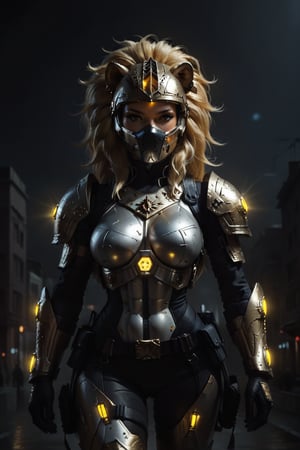 Create an image with a close up Dynamic view and pose of a futuristic, armored female character With olive color skin with a serious facial expression. She wears a sleek, form-fitting white color suit that highlights her hourglass physique, paired with White-and-Gold Marble armor pieces on the chest, and arms; there is a yellow glow surrounding her body that resembles Solar energy. She wears a distinctive gold helmet resembling the face of a lion’s head, enhancing the feline theme, The lion helmet and golden accents suggest a theme of strength and nobility, with her bushy blonde Mane-like hair hair cascading from the top of the mask,  giving a high-tech, almost regal appearance. There is a yellow outline around her figure, which adds a striking, almost comic-hero aura. She is wearing white modern tactical pants with a white color cap-like shirt cascading behind her waist. She has extremely long blonde flowy hair cascading from above, the sides and under the helmet, adding a unique and striking visual element. Her outfit is equipped with golden accessories, including a neckpiece. The background shows a dusty cityscape in the bright day light with tall buildings illuminated by lights, enhancing the futuristic and urban atmosphere. This kind of design is typically seen in comics, animated series, or games, where characters are given unique and symbolic outfits to reflect their abilities and persona.,score_9