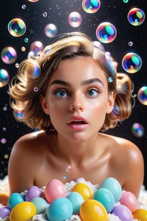 very beautiful girl, lightl dressed, rising from an egg shell. soapy background, full of colourful bubbles. studio lighting, back light. strong light. 8k. high contrast. low angle,photorealistic,analog,realism