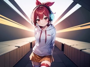 (best quality, 4k, 8k, highres, masterpiece:1.2), ultra-detailed, glowy ,4k,extremely delicate and beautiful art 2girl, epic background, 1girl, solo,short hair, red hair, short ponytail, bow,red striped thighhighs, white hoodie,  patterned skirt, dark red eyes color, glow art, listening music, using headphones, smiling