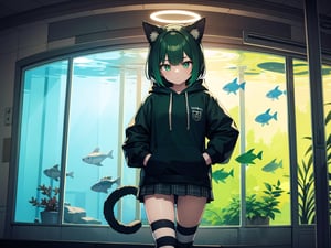 (best quality, 4k, 8k, highres, masterpiece:1.2), ultra-detailed, glowy ,4k,extremely delicate and beautiful art 2girl, epic background, 1girl, solo,short hair, (black green hair), ((split-color hair)), cat ears, bow,green striped thighhighs, black hoodie,  patterned skirt, dark green eyes color, low glowing eyes, aquarium