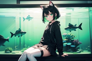 (best quality, 4k, 8k, highres, masterpiece:1.2), ultra-detailed, glowy ,4k,extremely delicate and beautiful art 2girl, epic background, 1girl, solo,short hair, black hair, combined hair, green hair, cat ears, bow,green striped thighhighs, black hoodie,  patterned skirt, dark green eyes color, low glowing eyes, sitting, aquarium