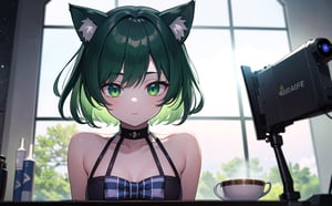 (best quality, 4k, 8k, highres, masterpiece:1.2), ultra-detailed, glowy ,4k,extremely delicate and beautiful art 2girl, epic background, 1girl, solo,short hair, black hair, combined hair, green hair, cat ears, bow,striped thighhighs, space , dark green eyes color, low glowing eyes, cafe place
