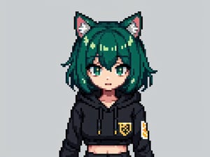 (best quality, 4k, 8k, highres, masterpiece:1.2), ultra-detailed, glowy ,4k,extremely delicate and beautiful art 2girl, epic background, 1girl, solo,short hair, (black green hair), ((split-color hair)), cat ears, bow,green striped thighhighs, black hoodie,  patterned skirt, dark green eyes color, low glowing eyes,Pixel art,PixelArt,Pixel Art,PIXARFK,Pixel world