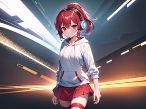 (best quality, 4k, 8k, highres, masterpiece:1.2), ultra-detailed, glowy ,4k,extremely delicate and beautiful art 2girl, epic background, 1girl, solo,short hair, red hair, short ponytail, bow,red striped thighhighs, white hoodie,  patterned skirt, dark red eyes color, glow art, listening music, using bunny headphones, smiling