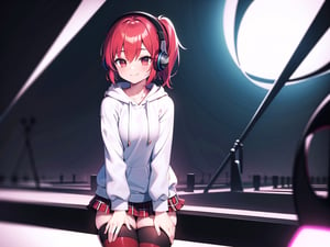 (best quality, 4k, 8k, highres, masterpiece:1.2), ultra-detailed, glowy ,4k,extremely delicate and beautiful art 2girl, epic background, 1girl, solo,short hair, red hair, short ponytail, bow,red striped thighhighs, white hoodie,  patterned skirt, dark red eyes color, glow art, listening music, using bunny headphones, smiling