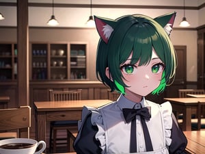 (best quality, 4k, 8k, highres, masterpiece:1.2), ultra-detailed, glowy ,4k,extremely delicate and beautiful art 2girl, epic cafe place background, 1girl, solo,short hair, (black green hair), ((split-color hair)), cat ears, bow, maid costume, dark green eyes color, low glowing eyes