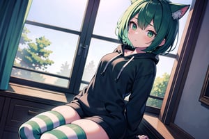 (best quality, 4k, 8k, highres, masterpiece:1.2), ultra-detailed, glowy ,4k,extremely delicate and beautiful art 2girl, epic background, 1girl, solo,short hair, black hair, combined hair, green hair, cat ears, bow,green striped thighhighs, black hoodie,  dark green eyes color, low glowing eyes, looking outside the window, sitting