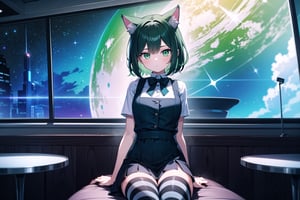 (best quality, 4k, 8k, highres, masterpiece:1.2), ultra-detailed, glowy ,4k,extremely delicate and beautiful art 2girl, epic background, 1girl, solo,short hair, black hair, combined hair, green hair, cat ears, bow,striped thighhighs, space , dark green eyes color, low glowing eyes, cafe place,