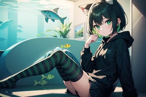 (best quality, 4k, 8k, highres, masterpiece:1.2), ultra-detailed, glowy ,4k,extremely delicate and beautiful art 2girl, epic background, 1girl, solo,short hair, black hair, combined hair, green hair, cat ears, bow,green striped thighhighs, black hoodie,  patterned skirt, dark green eyes color, low glowing eyes, sitting, aquarium