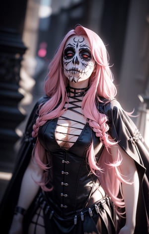 (((long pink-hair:1.3))),(longhairstyle:1.4), (pink eyes:1.3), ((1 mature woman)), (busty), large breasts, best quality, extremely detailed, HD, 8k, (evil face), (evil eyes), ((cemetery background)), (black long gothic dress,thigh-high boots)), (((corpse_paint:1.3))), death_metal, black_metal,thedeath,1 girl,CARTOON_MARVEL_mistress_death_ownwaifu