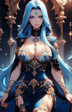 (((long blue_hair:1.3))), (blue eyes:1.3), ((1 mature woman)), (busty), large breasts, best quality, extremely detailed, HD, 8k, (sexy smile), (evil eyes), ((Fantasy background))