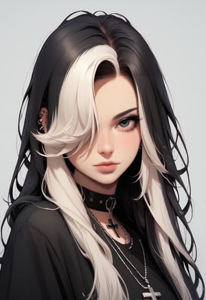 score_9, score_8_up, score_7_up, Goth girl, Goth girl 1girl 1girl,solo,long hair,looking at viewer,simple background,black hair, jewelry,white hair,multicolored hair,choker,black eyes,grey background,necklace,(hair over one eye),two-tone hair,cross,portrait,
